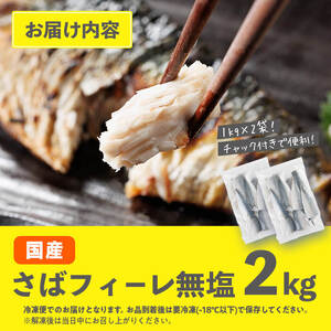 さば フィーレ 無塩 (計2kg・1kg×2袋) サバ 鯖 切り身 フィレ パラパラ冷凍 無塩 国産 便利 簡単 【AQ101】【やまろ渡邉】