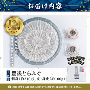 ＜定期便・全12回 (連続)＞ 豊後 とらふぐ 刺身 セット (総量約3.7kg：4-5人前×12回) とらふぐ ふぐ フグ ふぐ刺し フグ刺し ふぐ刺身 フグ刺身 刺身 鮮魚 冷凍 養殖 国産 大分県 佐伯市 【AB199】【柳井商店】