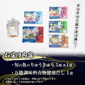 大将の今日のおすすめ！「旬の鮮魚りゅうきゅう5選と青物だし1個セット」詰め合わせ 魚 海鮮 簡単 りゅうきゅう 漬け丼 お茶漬け だし茶漬け 醤油 調味料 加工品 大分県 佐伯市 【GA003】【ポートラインサービス (有)】