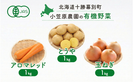 小笠原農園の有機野菜 3種詰合せ（とうや1kg・にんじん1kg・玉ねぎ1kg）北海道 十勝 幕別《2026年秋出荷先行予約》【 野菜 芋 じゃがいも とうや にんじん 人参 アロマレッド 玉ねぎ たまねぎ 】