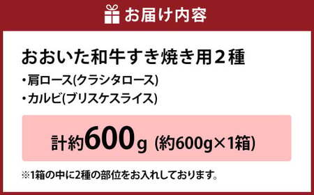 【3ヶ月定期便】おおいた和牛すき焼き用 2種 約600g(クラシタロース・ブリスケスライス)×3回 計約1.8kg