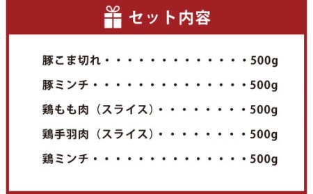 大分県産ブランド豚「米の恵み」・鶏肉 5種食べ比べセット 2.5kg 豚肉 こま切れ 鶏もも肉 ミンチ 手羽