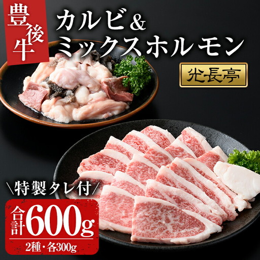 豊後牛 カルビ+ミックスホルモンセット 光長亭 特製タレ付(合計600g+250ml)牛肉 お肉 カルビ ホルモン センマイ ハツ 焼肉のたれ【109900200】【ショッピングストアー光長】