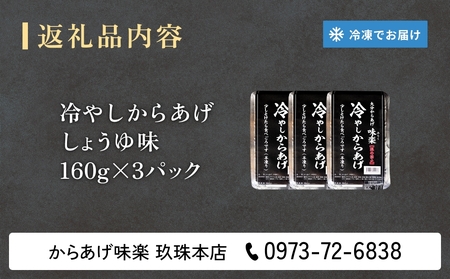 大分からあげ味楽(みらく)の冷やしからあげ（しょうゆ味160g×3パック） からあげ から揚げ 冷凍 手羽中 甘辛い しょうゆだれ おつまみ おかず ビール ご飯 小腹 おやつ 解凍 半解凍 温め禁止 大分 氷唐揚げ 手羽中唐揚げ 柔らかい 食べやすい サイズ 食品 冷凍保存