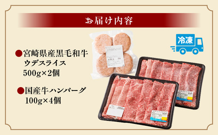 4等級以上宮崎県産和牛ウデスライス＆国産牛ハンバーグ4個　計1.4kg