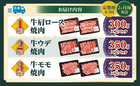 宮崎牛焼肉3回定期便 肩ロース モモ ウデ