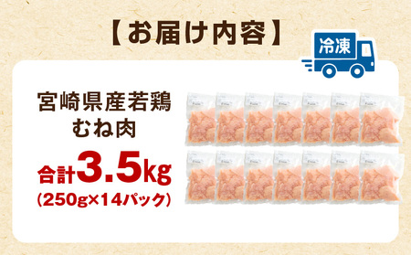 宮崎県産若鶏 むね肉 3.5kg（250g×14パック） 高タンパク質 低カロリー 小分け