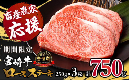 【畜産農家応援】宮崎牛 ロースステーキ 250g×3枚 合計750g ロースステーキ 期間限定