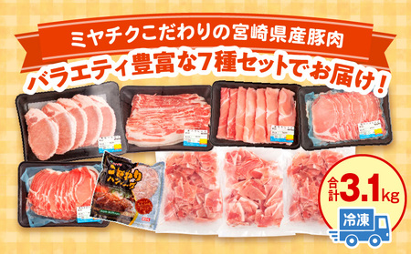 宮崎県産豚 バラエティセット 7種 合計3.1kg 豚肉 肩ロース 小間切れ