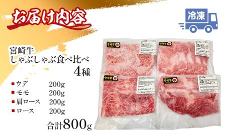 宮崎牛 しゃぶしゃぶ食べ比べ4種盛り 合計800g 牛肉 牛 肉 ウデ スライス ロース 肩ロース モモ