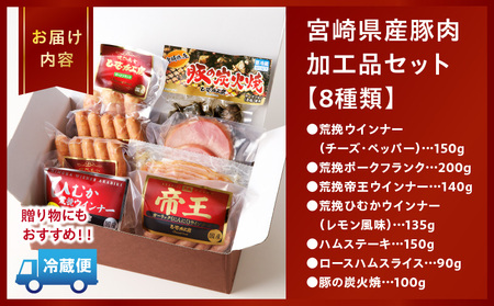 宮崎県産豚肉加工品セット（合計1.1ｋｇ 8種類） 粗挽 ウィンナー ポークフランク ハム ロースハム 豚の炭火焼