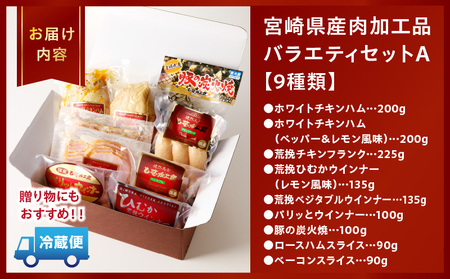 宮崎県産肉加工品バラエティセットA（合計1.27ｋｇ9種類） ハム 粗挽 ウィンナー 炭火焼 ロースハム ベーコン セット