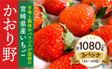 《2026年発送》【数量・期間限定】宮崎県産いちご「かおり野」3パック(計1080g以上：36粒～45粒) 甘味 酸味 抜群