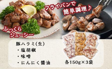 ジューシー豚ハラミ3種セット≪塩胡椒・味噌・にんにく醤油≫_11-9202_(都城市) 豚ハラミ 豚 ハラミ 生 塩胡椒 味噌 にんにく醤油 150g 3袋 希少部位