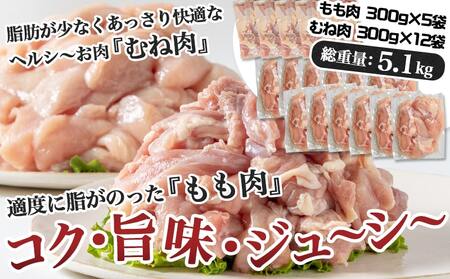 国産若鶏5.1kg 小分けパック!カット済み!≪みやこんじょ特急便≫_MJ-3314-Q_(都城市) もも肉300g×5P むね肉300g×12P 鶏肉 小分け 若鶏 宮崎 冷凍