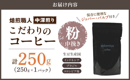 焙煎職人こだわりのコーヒー【粉】250g 小分けパック(ジッパー・バルブ付) ※中深煎り※ポスト投函≪みやこんじょ特急便≫_LA-3302-Q _(都城市) 保存に便利 珈琲