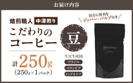 焙煎職人こだわりのコーヒー【豆】250g 小分けパック(ジッパー・バルブ付) ※中深煎り※ポスト投函≪みやこんじょ特急便≫_LA-3303-Q _(都城市) コーヒー豆 250g×1パック 少量パック 保存に便利 ポスト投函 珈琲  選べる コーヒー ブラジル コロンビア インドネシア 宮崎県 都城市