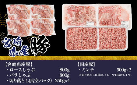 宮崎県産豚しゃぶ3.6kgセット_MJ-8426_(都城市) 宮崎県産豚肉 ロースしゃぶ 豚バラしゃぶしゃぶ肉 切り落とし ミンチ 合計3.6キロ 冷凍 株式会社一真