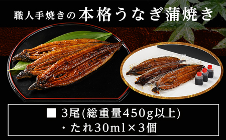 職人手焼きの本格うなぎ蒲焼き3尾≪みやこんじょ特急便≫_AC-3301-Q_(都城市) 鰻蒲焼 3尾 (総重量450g以上) タレ付き (30ml×3個) 国産うなぎの蒲焼き 特製たれ付き 冷凍 ウナギ かば焼き