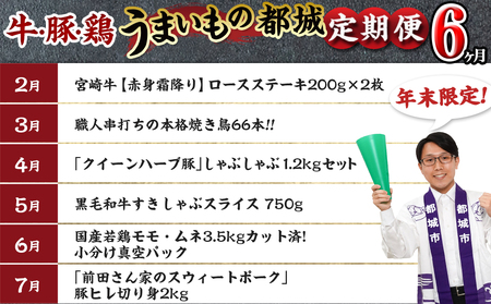 【年末企画】牛・豚・鶏～うまいもの都城～定期便(6ヶ月)_T80-MY01_(都城市) 定期便 牛 鶏 豚 職人串打ち 焼き鳥 しゃぶしゃぶ 黒毛和牛 すきしゃぶ 国産若鶏 豚ヒレ