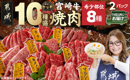 宮崎牛食べ比べ10種盛り焼肉セット(各600g×2P)≪みやこんじょ快速便≫_34-3103-R_(都城市) 都城産 宮崎牛 A4ランク 焼肉 セット 内モモ カタ トンビ ランプ ラムシン マルシン カメノコ イチボ マルカワ ミスジorトモサンカク 10種類 贈答用 14日以内にお届け