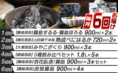 【事業者コラボ定期便】都城の4蔵しっかり飲み比べ焼酎6回定期便≪隔月≫_T79-MY02_(都城市) 霧島酒造 柳田酒造 大浦酒造 都城酒造 霧島するる 霧島ほろる 山田錦千本桜 あなたにひとめぼれ 黒麹仕込み みやこんじょ 白霧島 黒霧島 赤霧島 虎斑霧島 25度 20度 900ml 720ml 1800ml 