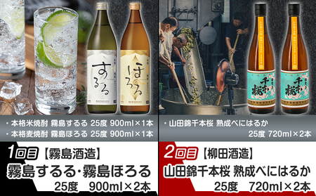 【事業者コラボ定期便】都城の4蔵しっかり飲み比べ焼酎6回定期便≪隔月≫_T79-MY02_(都城市) 霧島酒造 柳田酒造 大浦酒造 都城酒造 霧島するる 霧島ほろる 山田錦千本桜 あなたにひとめぼれ 黒麹仕込み みやこんじょ 白霧島 黒霧島 赤霧島 虎斑霧島 25度 20度 900ml 720ml 1800ml 