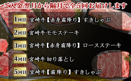 コクと旨味の宮崎牛定期便 S(隔月5回)_T60-5-6501_(都城市) 宮崎牛 牛うで 牛もも スライス モモステーキ ロースステーキ 切り落とし 肩ローススライス 定期便