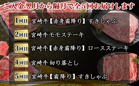 コクと旨味の宮崎牛定期便 L(隔月5回)_T100-5-6501_(都城市) 宮崎牛 うで・ももスライス/モモステーキ/ロースステーキ/ 切落し/肩ローススライス 隔月お届け 定期便