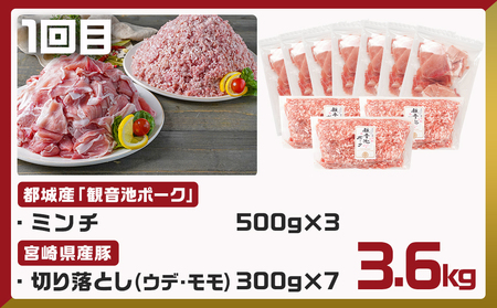 《3回連続お届け》観音池ポーク&宮崎県産豚定期便_T45-3-9201_(都城市) 都城産 観音池ポーク ロースしゃぶしゃぶ肉 肩ロースしゃぶしゃぶ肉 真空パック しゃぶしゃぶ用 ブランドポーク ミンチ スペアリブ とんかつ