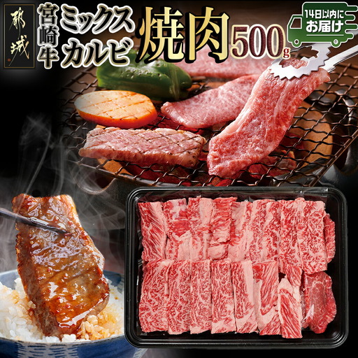 宮崎牛ミックスカルビ焼肉500g≪みやこんじょ快速便≫_14-8902-R_(都城市) 宮崎県産 宮崎牛 ミックスカルビ 焼肉 バーベキュー 赤身 サシ 旨み 風味 食感 ウデ バラ 肩ロース モモ