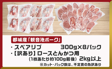 観音池ポークロースとんかつ用【訳あり】&スペアリブ4.4kg_AC-9219_(都城市) 都城産豚 観音池ポーク 訳あり ロースとんかつ用/スペアリブ