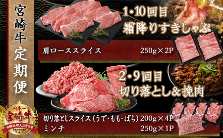 おいしさギュウギュウ♪宮崎牛定期便(10ヶ月)_T170-10-6501_(都城市) 宮崎牛 霜降りすきしゃぶ/切り落とし＆挽肉セット/赤身3種セット/焼肉セット/モモステーキ＆サイコロステーキ 10ヶ月毎月お届け