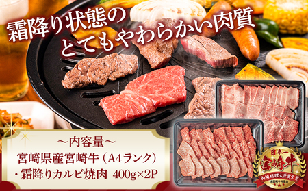 宮崎牛霜降りカルビ焼肉800g_AD-2602_(都城市) 宮崎県産黒毛和牛 宮崎牛 A4ランク 4等級 牛肉 霜降りカルビ 400g×2P 計800g 宮崎牛バラ肉 牛ロース肉 焼肉