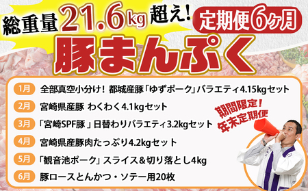 【年末企画】☆総重量21.6kg超え☆豚まんぷく定期便(6ヶ月)_T97-MY01_(都城市) 定期便 ゆずポーク スライス 切り落とし SPF バラエティ ロースとんかつ 観音池ポーク