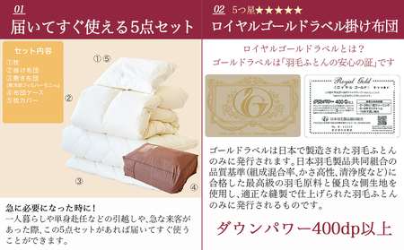 【アイボリー】ロイヤルゴールドラベル93%布団5点セット綿100%【SL】_AJ-J207_(都城市) 掛布団 敷布団 枕 枕カバー ケース 日本製 お布団セット ロイヤルゴールドラベル 東洋紡フィルハーモニィ ソフトな肌触り 通気性 吸水性