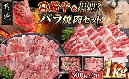 宮崎牛&黒豚バラ焼肉セット(合計1kg)_18-N402_(都城市) 宮崎県産宮崎牛 都城産黒豚  バラ焼肉用 各500g×1P セット 焼肉用カット 焼肉 BBQ 冷凍
