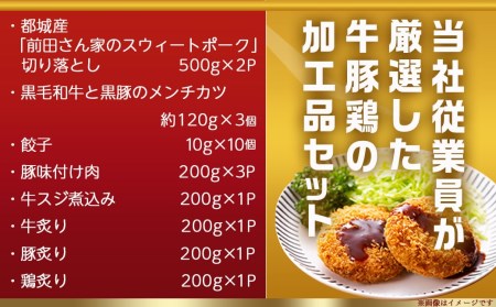 「前田さん家のスウィートポーク」切り落とし＆加工品バラエティ2.8kgセット_12-8901_(都城市) 豚肉 切り落とし肉 詰め合わせセット メンチカツ 餃子 豚味付け肉 牛スジ煮込み 牛炙り 豚炙り 鶏炙り