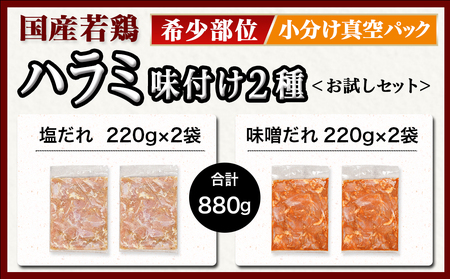 【希少部位】国産若鶏ハラミ味付け2種☆お試しセット☆880g小分け真空パック≪みやこんじょ特急便≫_LG-L602-Q_(都城市)  若鶏 ハラミ 味付け 塩だれ 味噌だれ 小分けパック 焼くだけ 簡単 調理 真空