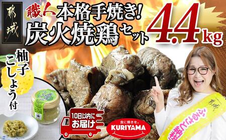 本格手焼き!炭火焼鶏4.4kg(ゆずこしょう付)≪みやこんじょ特急便≫_AC-1411-Q_ (都城市) 鶏肉 小分け 炭火焼き 宮崎 冷凍 柚子胡椒 鶏肉