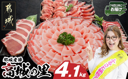 「高城の里」わくわく4.1kgセット(真空)≪みやこんじょ快速便≫_22-8401-s-R_(都城市) リピーター続出 豚肉 都城産豚 高城の里 しゃぶしゃぶ バラ 焼肉 切り落とし 肩ローススライス ロース とんかつ ブランド豚