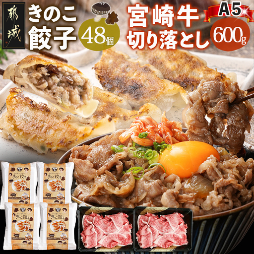 きのこ餃子48個&宮崎牛(A5)霜降り切り落し600g_AD-8701_(都城市) ギョウザ 12個入り 4パック 椎茸 きくらげ 都城産ブランド豚 きなこ豚 きゃべつ ニラ ニンニク使用 ヘルシー餃子 大杉しいたけ園 都城産宮崎牛 切り落し 肩 バラ 霜降り