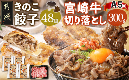 きのこ餃子48個&宮崎牛(A5)霜降り切り落し300g_18-8701_(都城市) ギョウザ 12個入り 4パック 椎茸 きくらげ 都城産ブランド豚 きなこ豚 きゃべつ ニラ ニンニク使用 ヘルシー餃子 大杉しいたけ園 都城産宮崎牛 切り落し 肩 バラ 霜降り