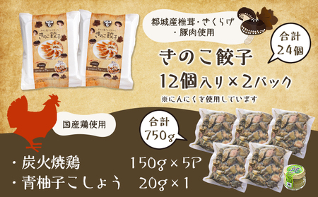 本格手焼き!炭火焼鶏(150g×5P)&きのこ餃子セット_11-1403_(都城市) 鶏肉 炭火焼き 小分け おつまみ 宮崎 餃子 きのこ 冷凍 柚子胡椒