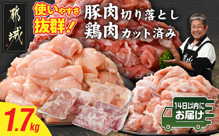 使いやすさ抜群!宮崎県産鶏肉(カット済)&豚肉切り落とし1.7kgセット≪みやこんじょ快速便≫_AA-8412-R_(都城市) 宮崎県産鶏 モモ肉 ムネ肉 カット済 一口大 唐揚げ チキン南蛮 親子丼 宮崎県産豚 切り落とし 炒め物 煮物料理 セット
