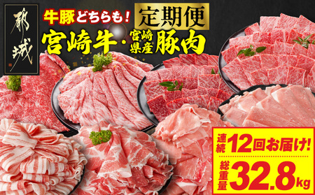 ≪12回連続お届け≫とにかくお肉大好き!宮崎牛と宮崎県産豚定期便L(総重量32.8kg)_T336-12-N201_(都城市) 宮崎県産 牛肉 宮崎牛 豚肉 しゃぶしゃぶ すき焼き 焼肉 バラ 肩ロース ロース ウデ モモ