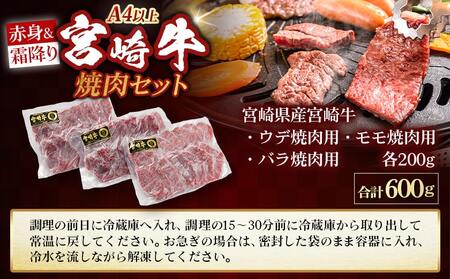 宮崎牛【赤身&霜降り】焼肉セット_16-J701_(都城市) 宮崎県産 宮崎牛 ウデ モモ バラ 焼肉用 600g