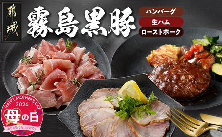 【母の日】霧島黒豚ハンバーグ3種&生ハム&ローストポーク≪5月7日～10日お届け≫_12-2802-MG_(都城市) 霧島黒豚 煮込みハンバーグ ローストポーク 生ハム切り落とし 洋風オードブル 霧島黒豚の加工品