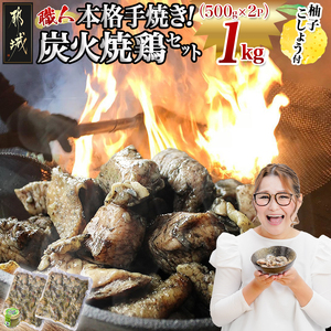 本格手焼き!炭火焼鶏1kg(500g×2P)ゆずこしょう付_LF-14-003-1kg_(都城市) 塩のみ 急速冷凍 手焼き 湯せん 焼酎との相性も抜群◎ 小分け 炭火焼き 宮崎 冷凍 柚子胡椒 鶏肉