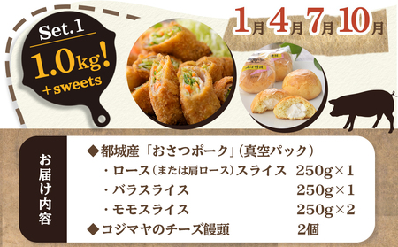 全部真空パック！隔月5回お届け！「おさつポーク」と加工品定期便_TAA5-1403_(都城市) 小分け 真空 かさばらない ブランドポーク 豚肉 加工品 セット バラエティ豊かにお届け おさつポーク チーズ饅頭 小分け 真空パック